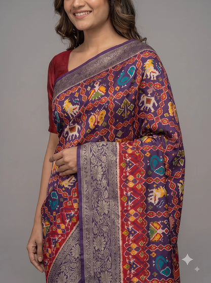 Purple Patola-Style Ikat Print Pure Modal Silk Saree with Zari Border