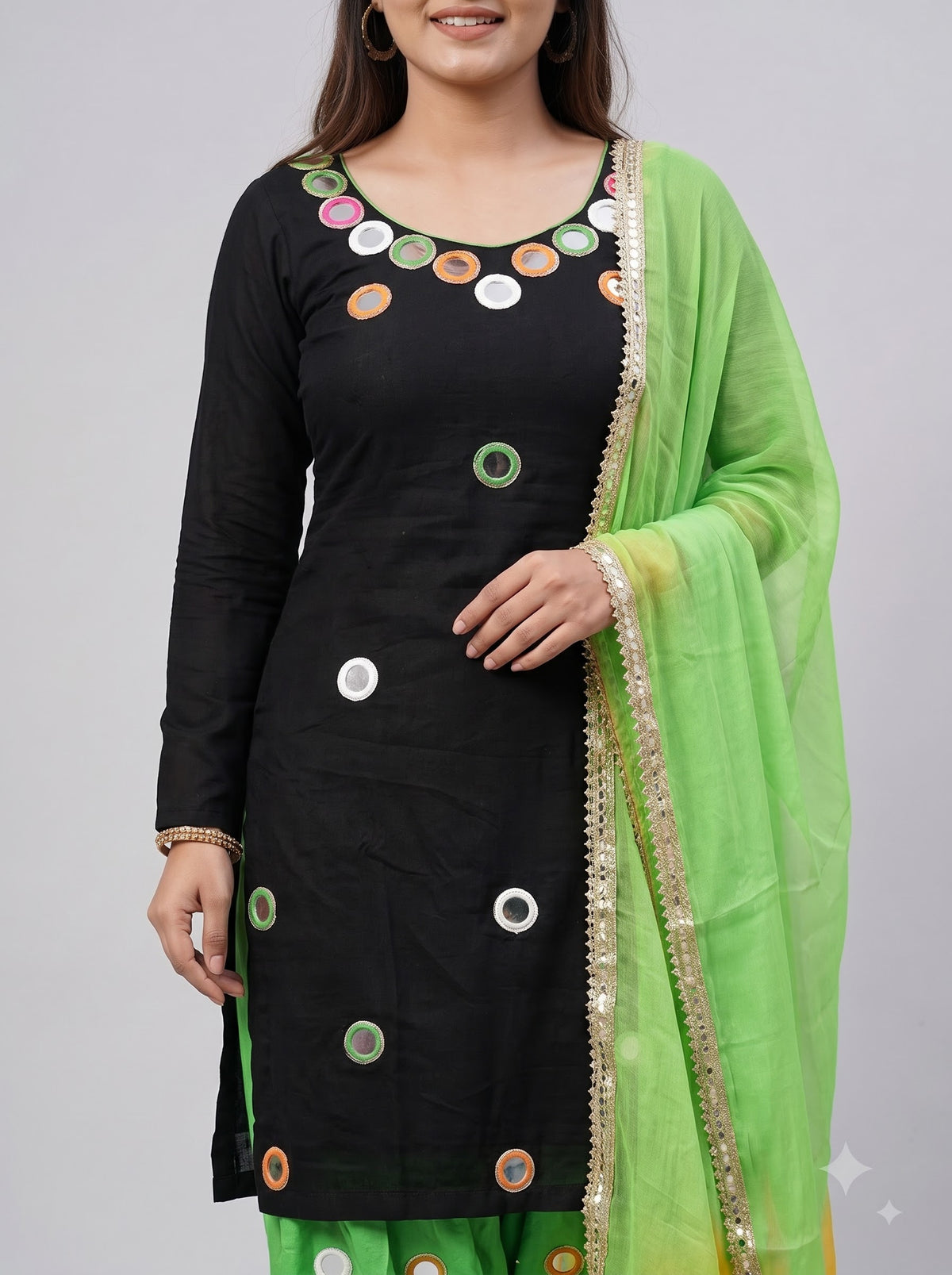 Black Multicolor Mirror Work Organza Unstitched Suit with Ombré Dupatta