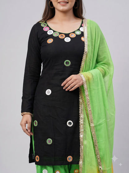 Black Multicolor Mirror Work Organza Unstitched Suit with Ombré Dupatta