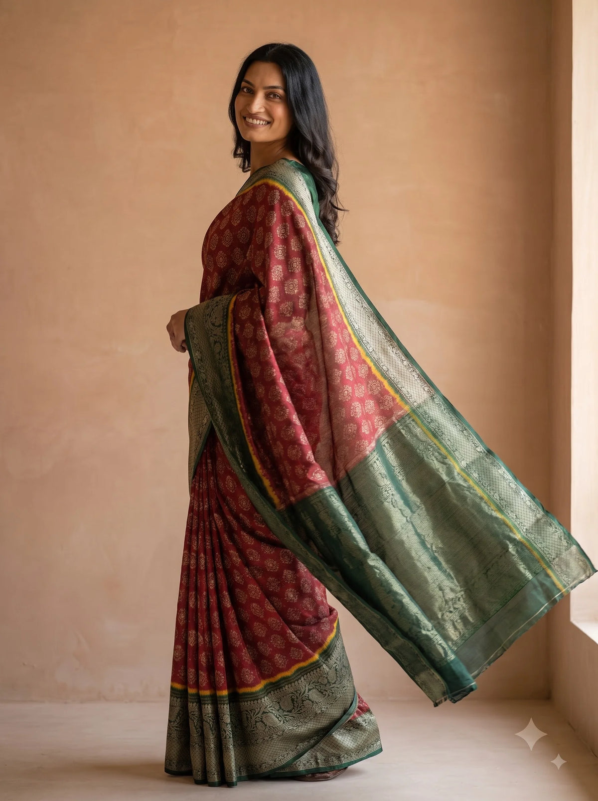 Maroon Booti Print Dola Silk Saree with Green Zari Border