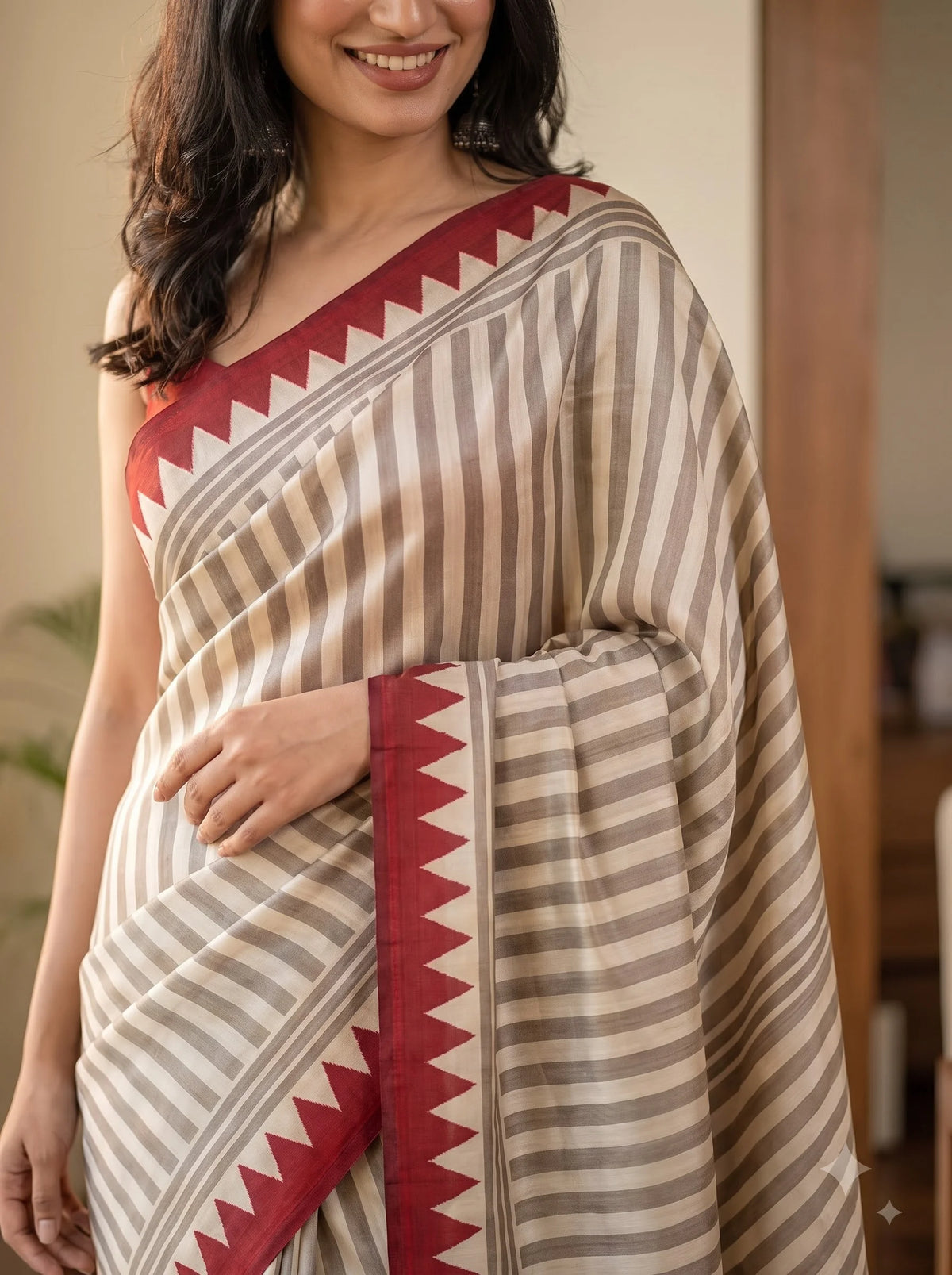 Grey Striped Silk Saree with Red Chevron Border