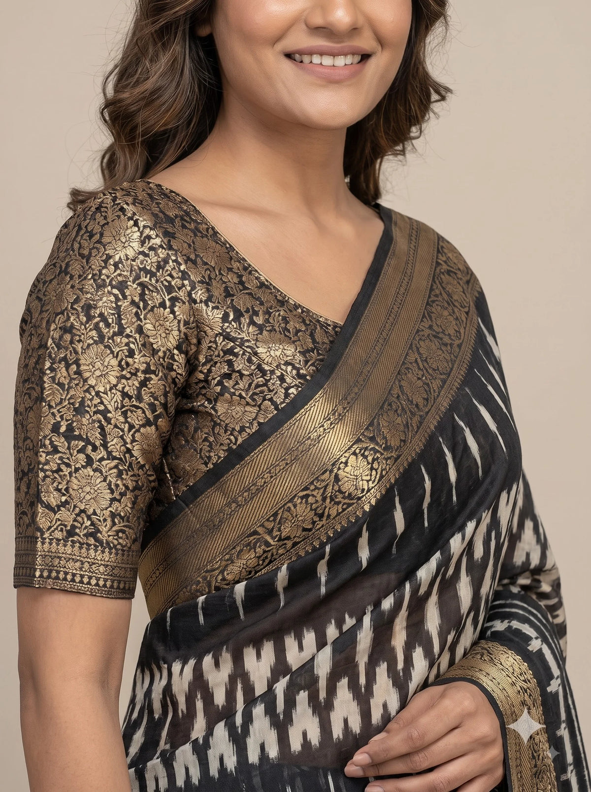 Black & Gold Ikat Print Dola Silk Saree with Banarasi Border
