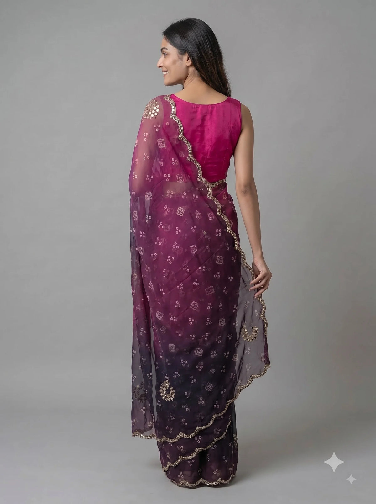 Magenta-Purple Ombre Bandhani Print Georgette Saree with Hand Work