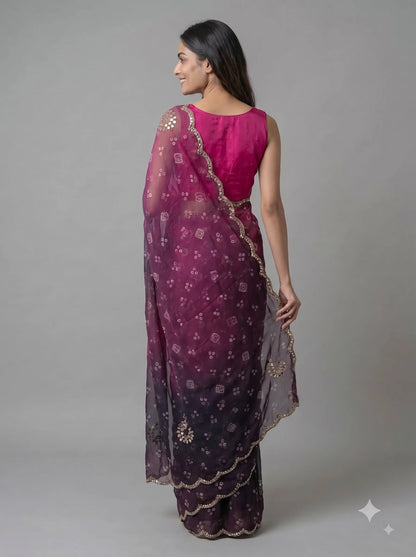 Magenta-Purple Ombre Bandhani Print Georgette Saree with Hand Work