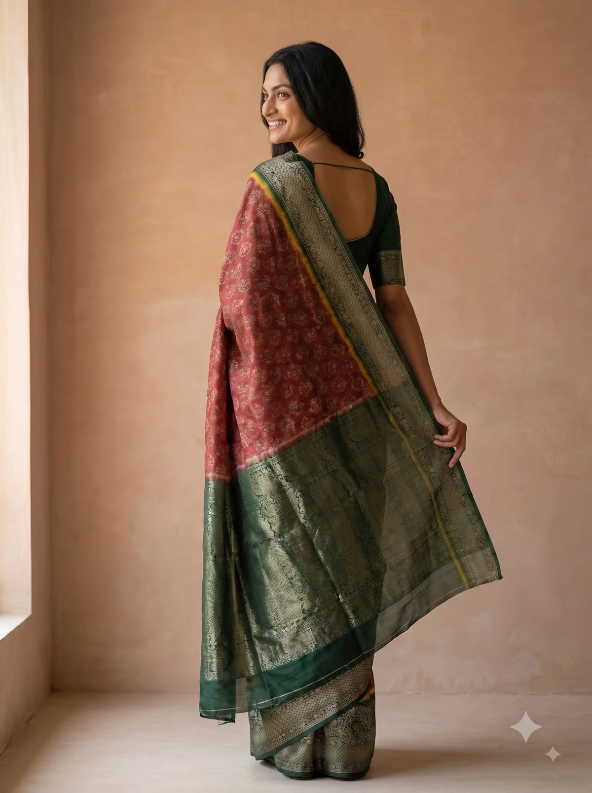 Maroon Booti Print Dola Silk Saree with Green Zari Border