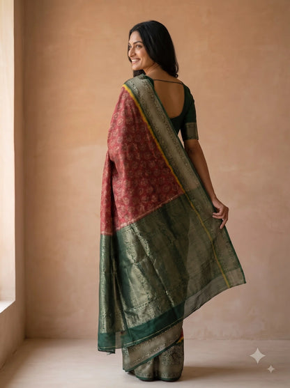 Maroon Booti Print Dola Silk Saree with Green Zari Border