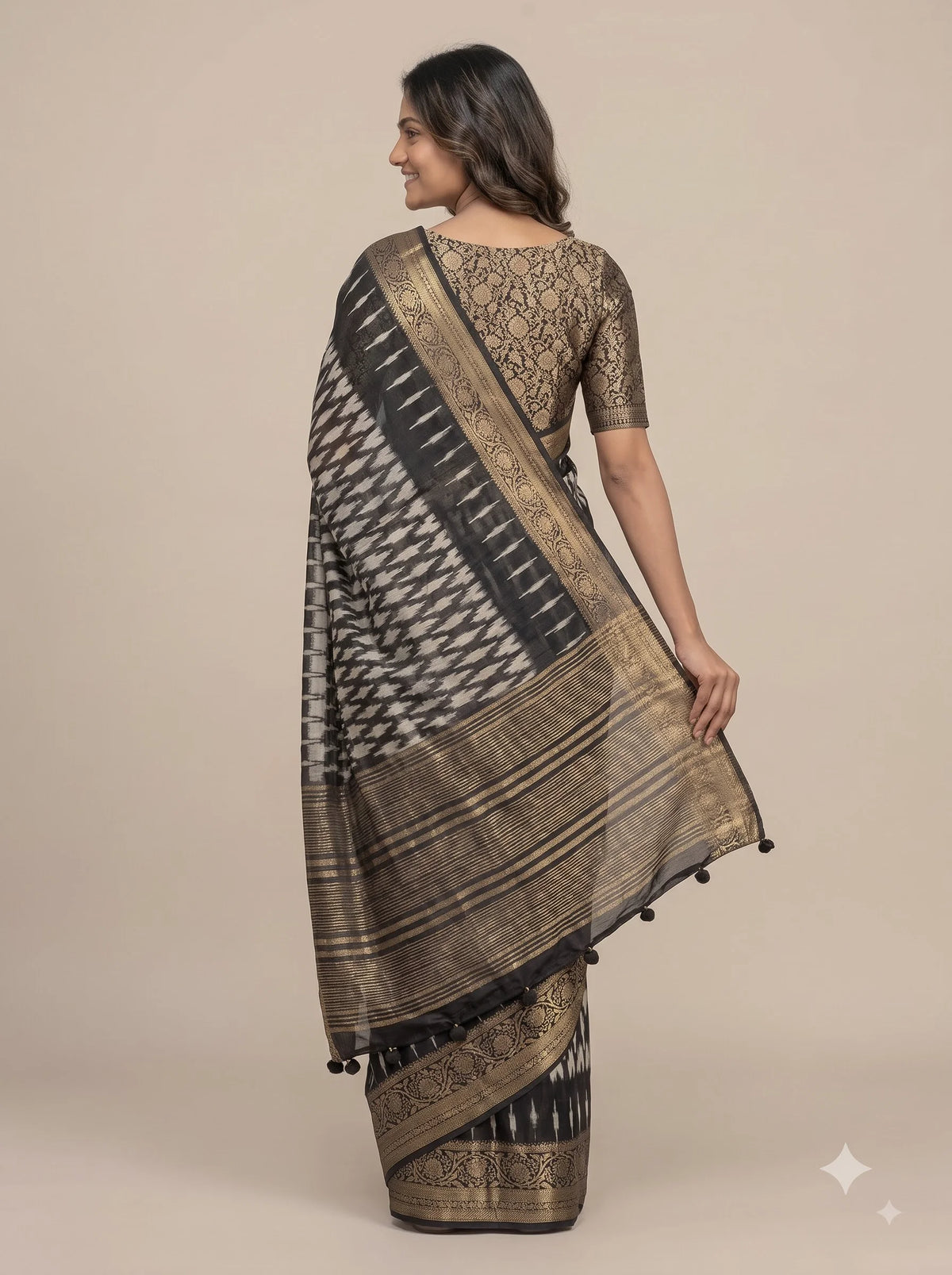 Black & Gold Ikat Print Dola Silk Saree with Banarasi Border