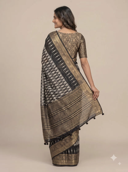Black & Gold Ikat Print Dola Silk Saree with Banarasi Border