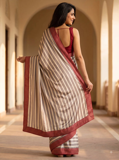 Grey Striped Silk Saree with Red Chevron Border
