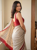 Grey Striped Silk Saree with Red Chevron Border