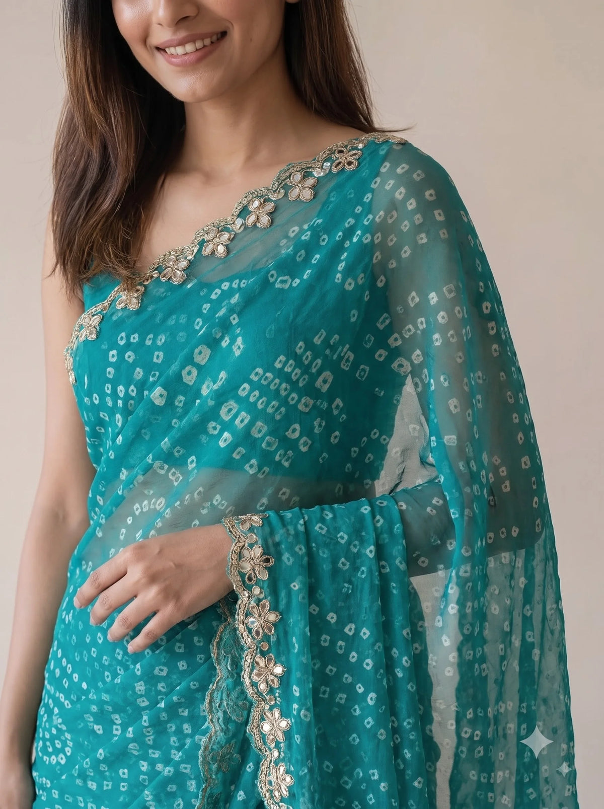 Teal Bandhani Print Georgette Saree with Mirror Work Border