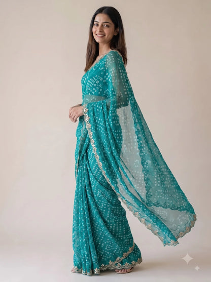 Teal Bandhani Print Georgette Saree with Mirror Work Border