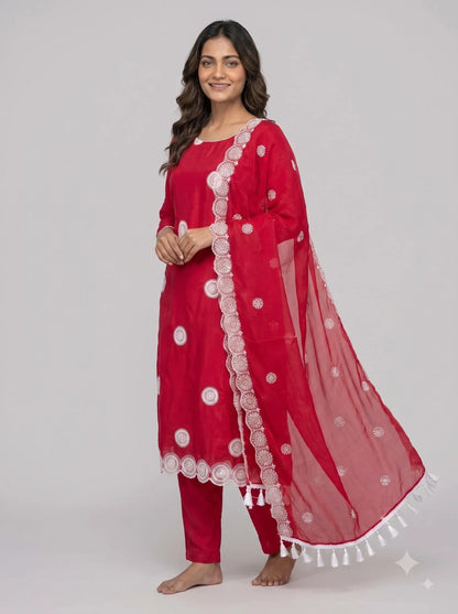 Crimson Red Glass Organza Unstitched Suit with Heavy Embroidered Border