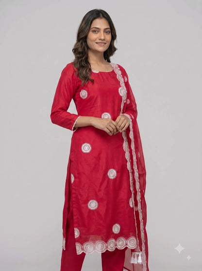 Crimson Red Glass Organza Unstitched Suit with Heavy Embroidered Border
