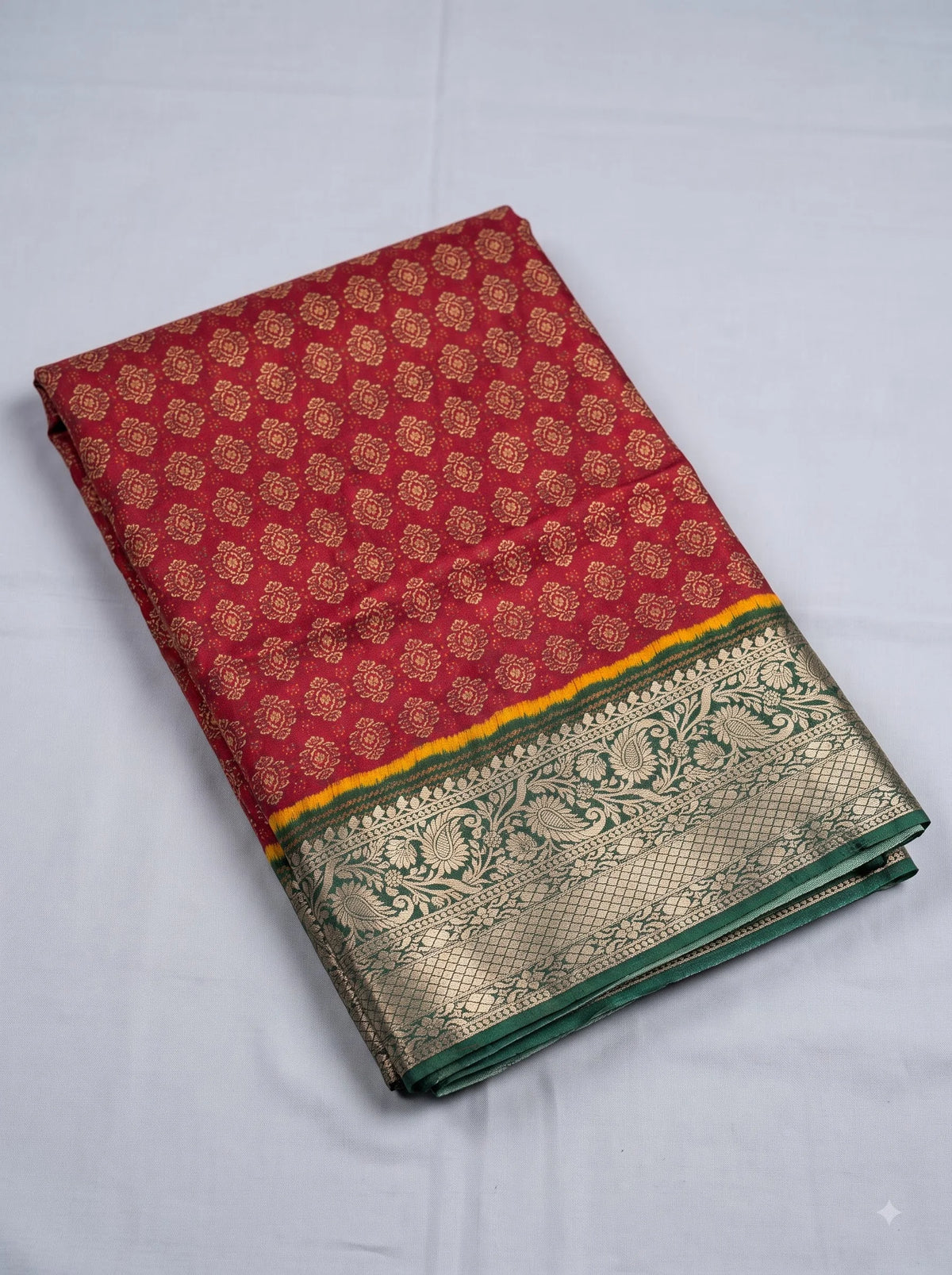 Maroon Booti Print Dola Silk Saree with Green Zari Border