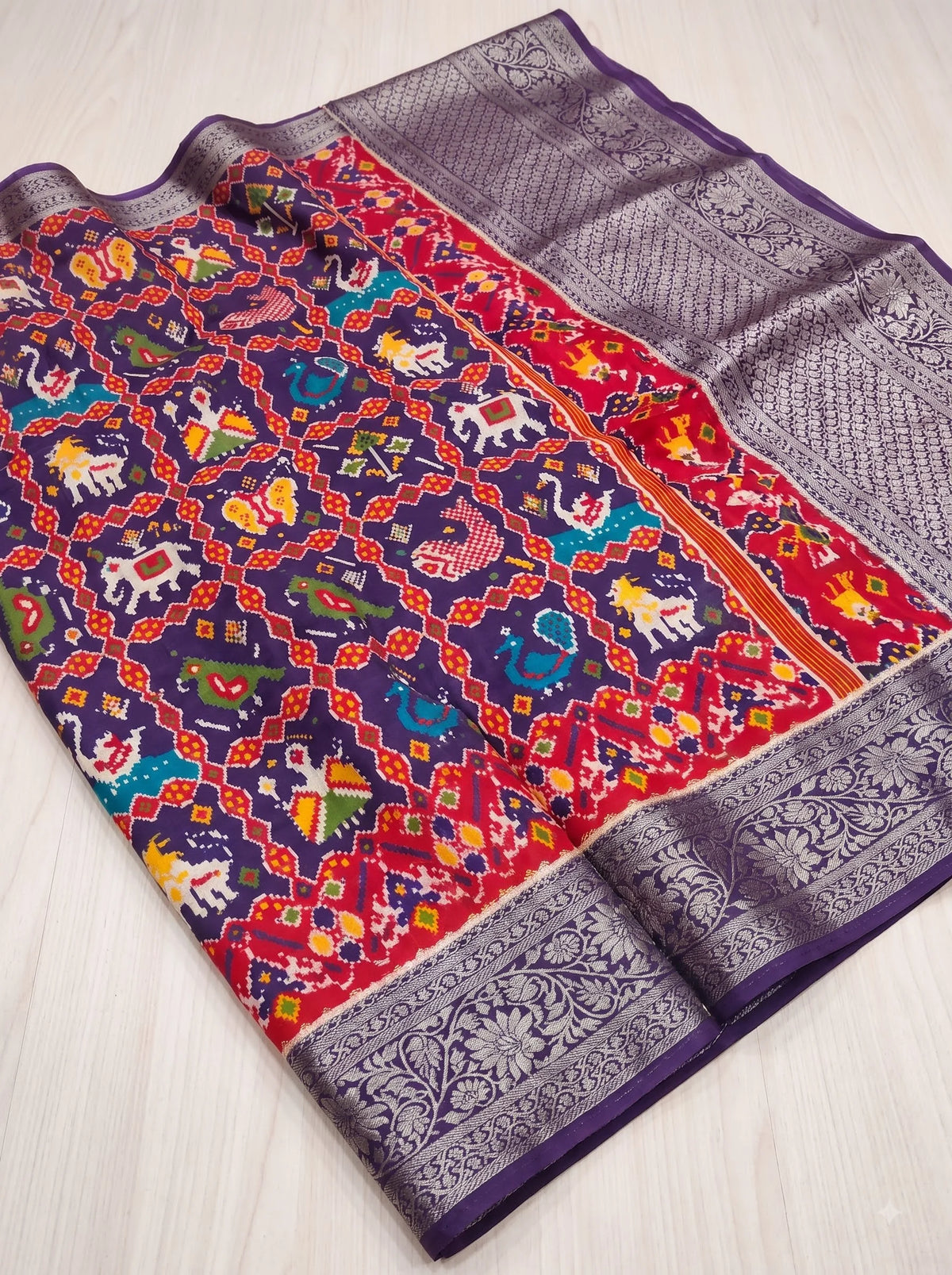 Purple Patola-Style Ikat Print Pure Modal Silk Saree with Zari Border
