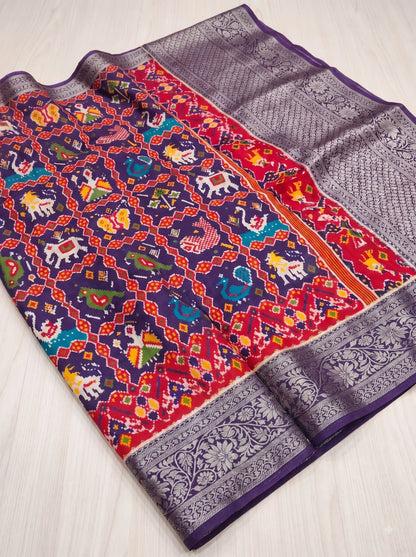 Purple Patola-Style Ikat Print Pure Modal Silk Saree with Zari Border