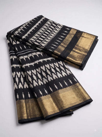 Black & Gold Ikat Print Dola Silk Saree with Banarasi Border
