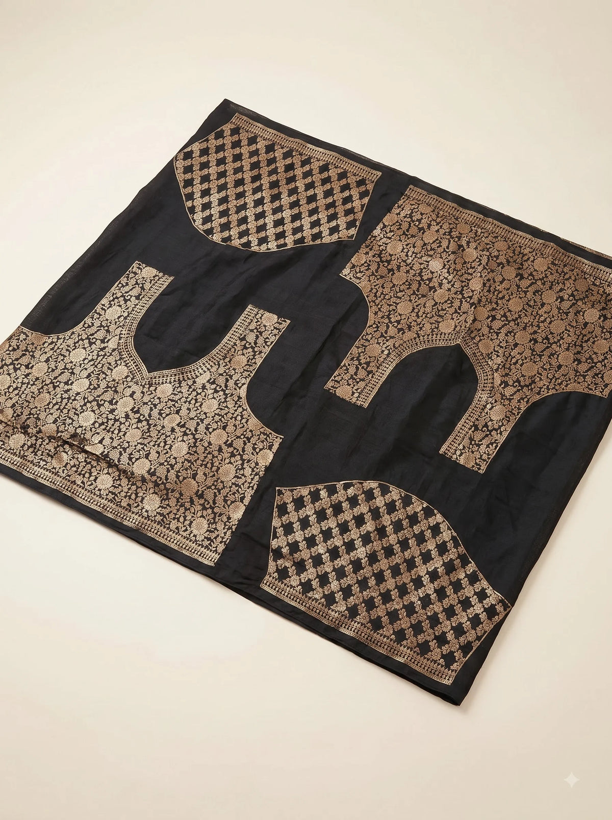 Black & Gold Ikat Print Dola Silk Saree with Banarasi Border