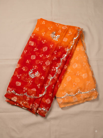 Orange-Red Ombre Bandhani Print Party Wear Saree with Hand Work