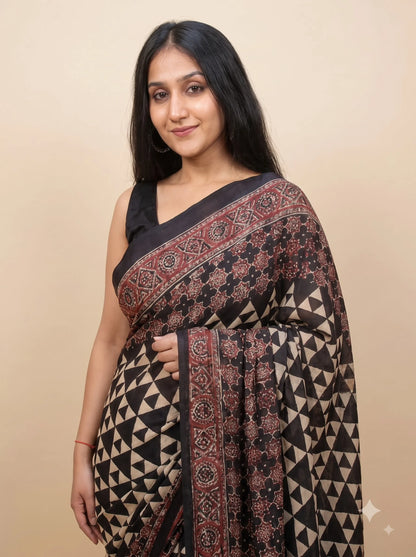 Ajrakh Print Pure Modal Silk Saree with Geometric Triangle Weave