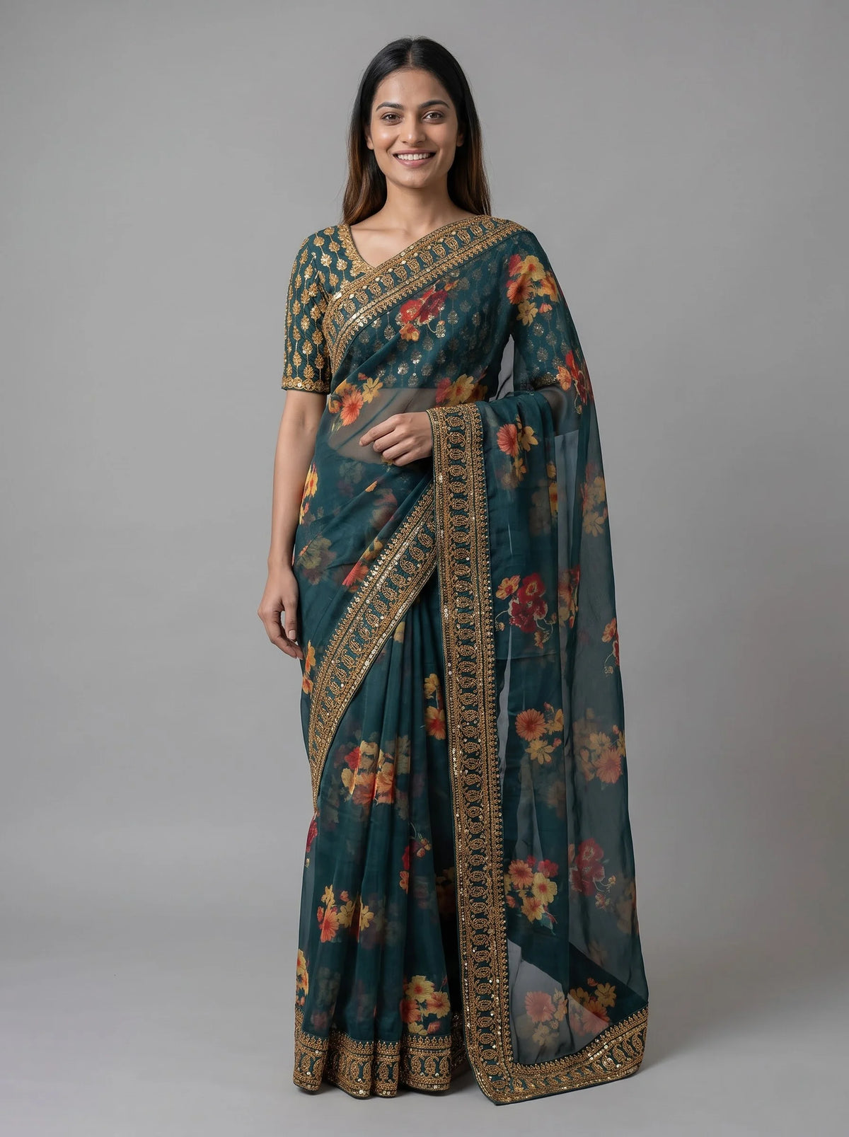 Teal Floral Digital Print Organza Silk Saree with Heavy Embroidered Border