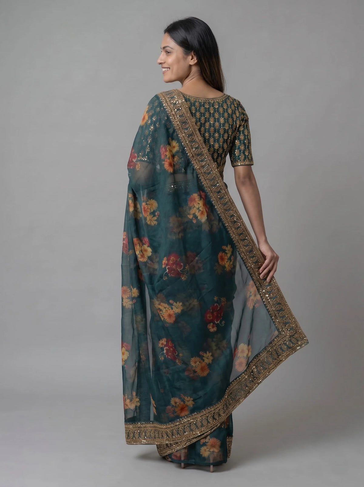 Teal Floral Digital Print Organza Silk Saree with Heavy Embroidered Border