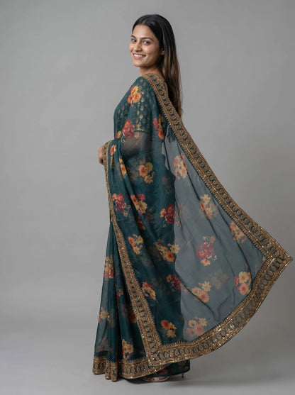 Teal Floral Digital Print Organza Silk Saree with Heavy Embroidered Border