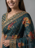 Teal Floral Digital Print Organza Silk Saree with Heavy Embroidered Border