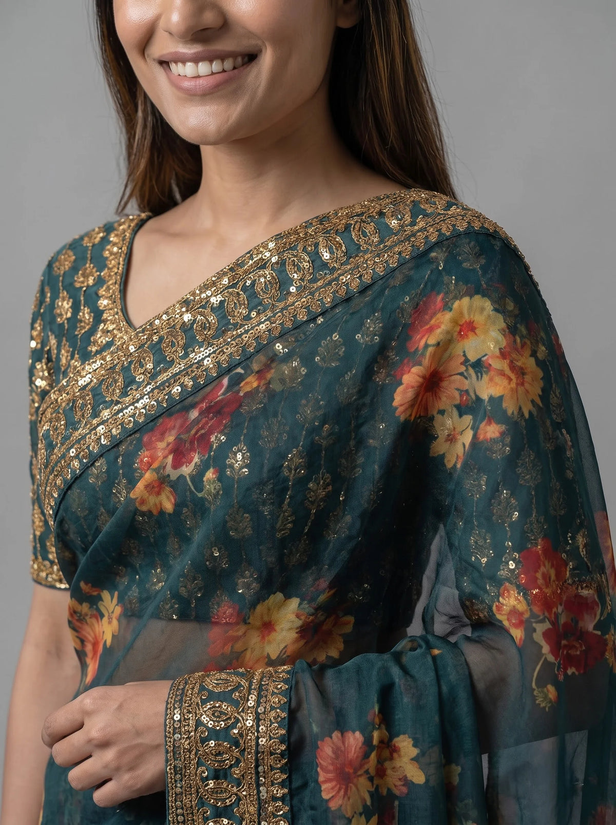 Teal Floral Digital Print Organza Silk Saree with Heavy Embroidered Border
