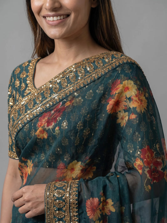 Teal Floral Digital Print Organza Silk Saree with Heavy Embroidered Border