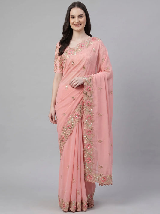 Peach Floral Embroidered Soft Georgette Saree with Heavy Border Work