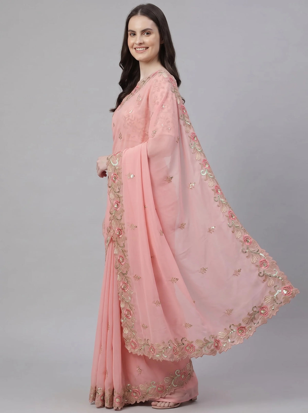 Peach Floral Embroidered Soft Georgette Saree with Heavy Border Work