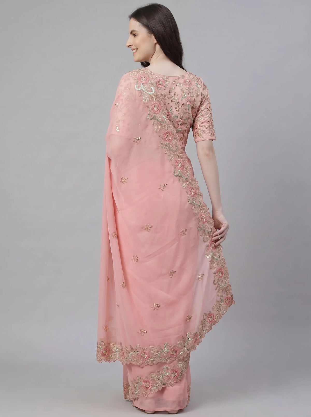 Peach Floral Embroidered Soft Georgette Saree with Heavy Border Work