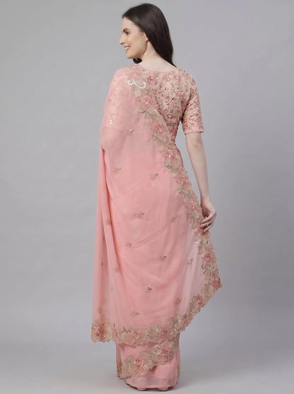 Peach Floral Embroidered Soft Georgette Saree with Heavy Border Work