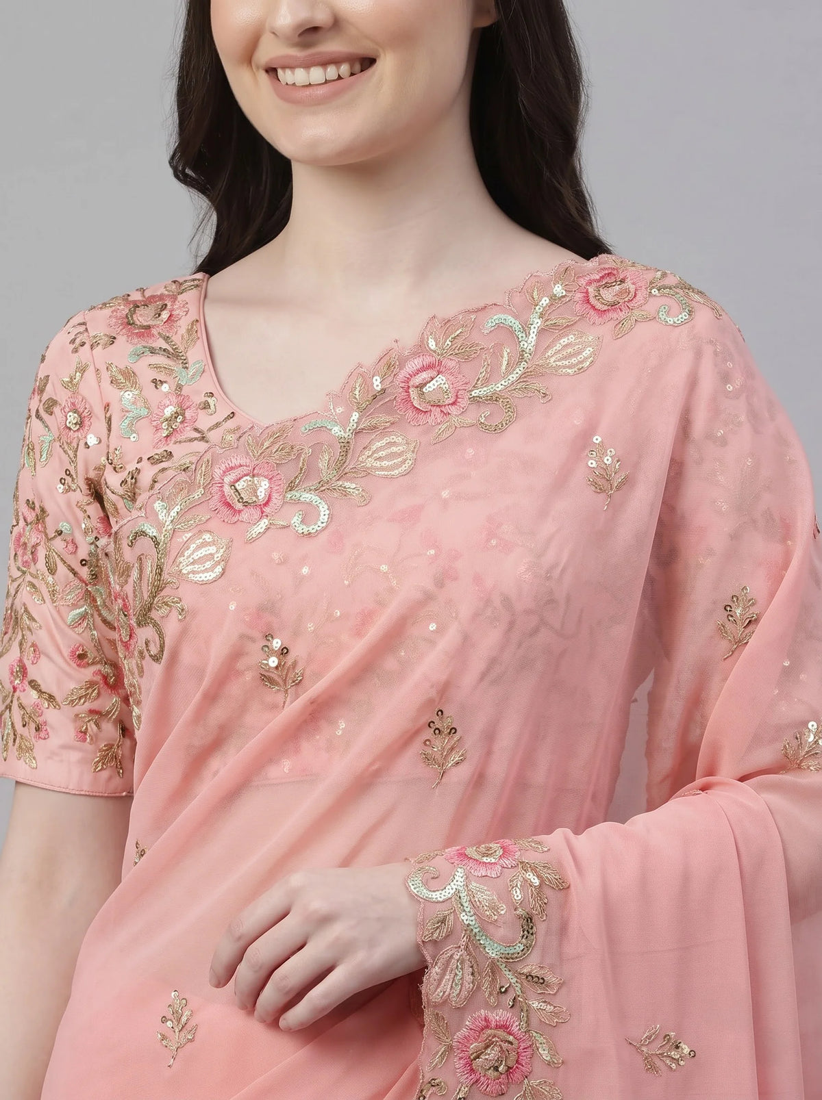 Peach Floral Embroidered Soft Georgette Saree with Heavy Border Work