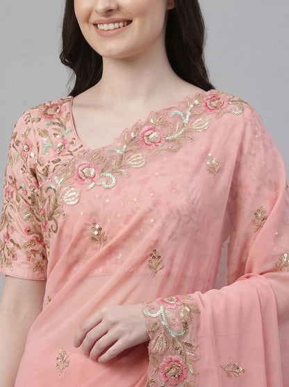 Peach Floral Embroidered Soft Georgette Saree with Heavy Border Work