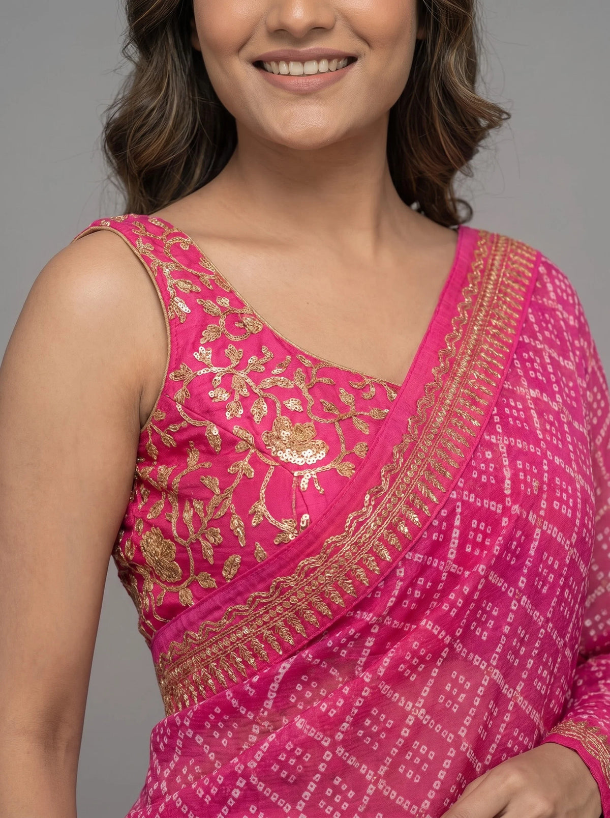 Pink Bandhani Jaipuri Print Soft Georgette Saree with Heavy Embroidery Border