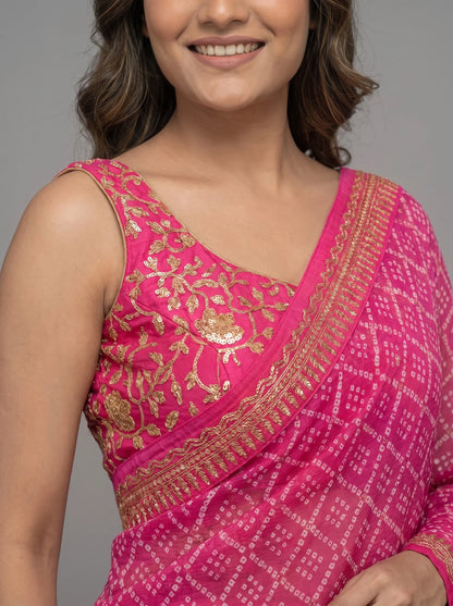 Pink Bandhani Jaipuri Print Soft Georgette Saree with Heavy Embroidery Border