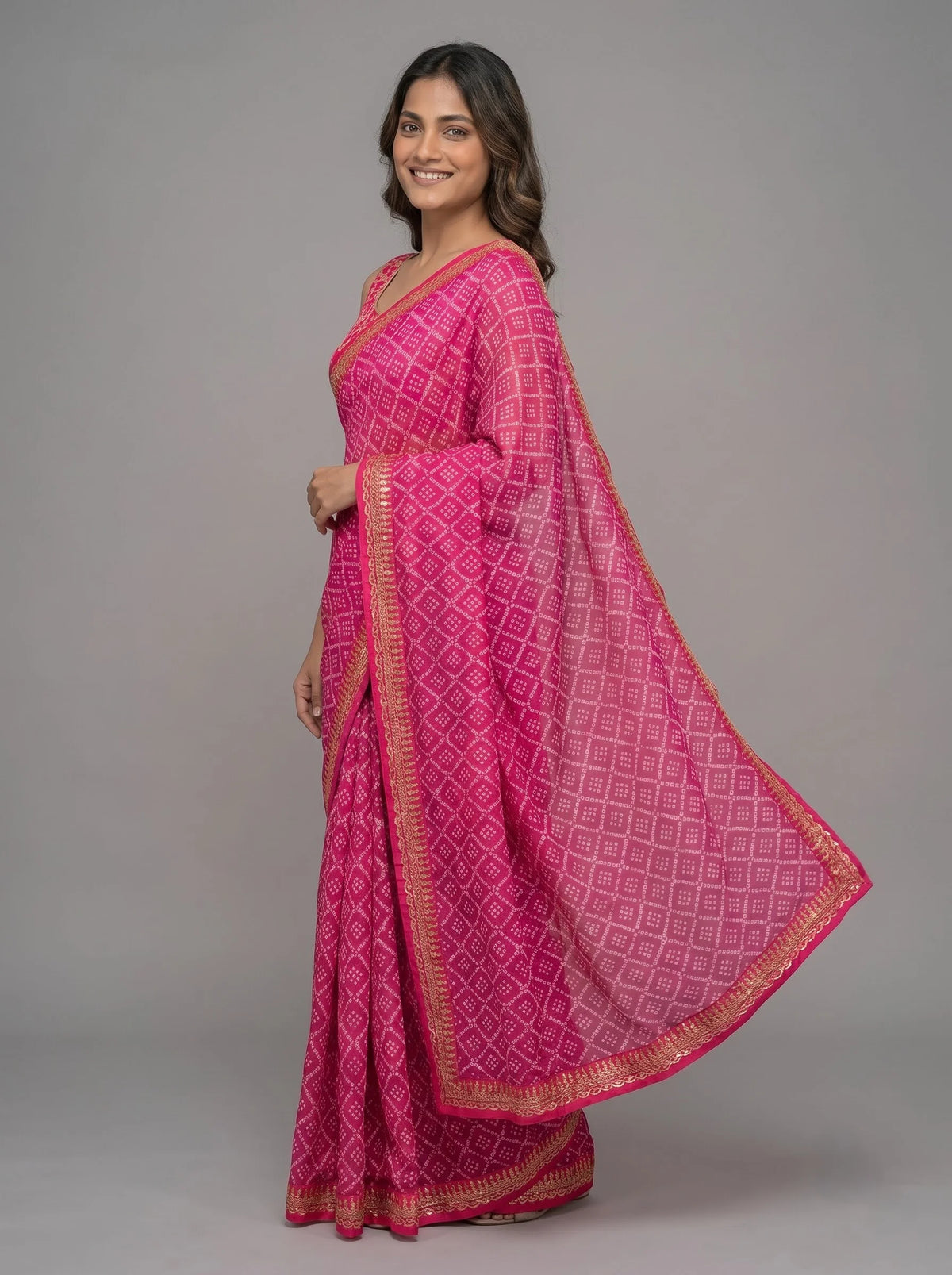 Pink Bandhani Jaipuri Print Soft Georgette Saree with Heavy Embroidery Border