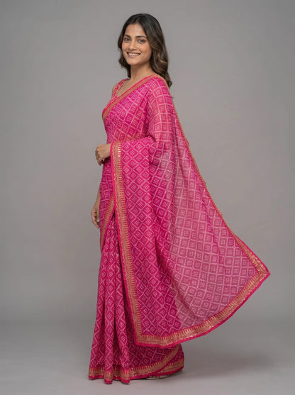 Pink Bandhani Jaipuri Print Soft Georgette Saree with Heavy Embroidery Border