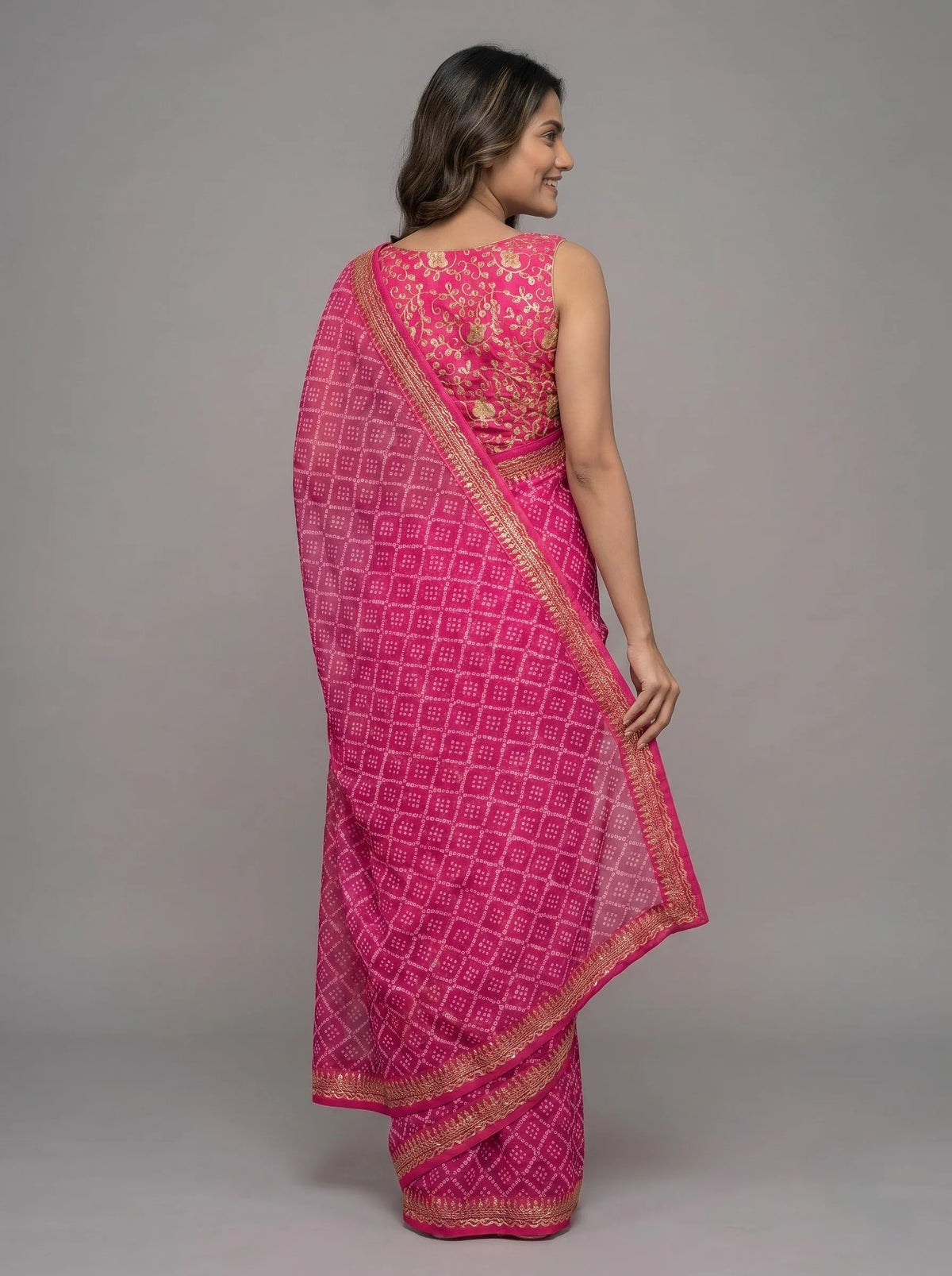 Pink Bandhani Jaipuri Print Soft Georgette Saree with Heavy Embroidery Border