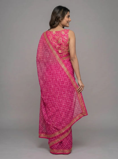 Pink Bandhani Jaipuri Print Soft Georgette Saree with Heavy Embroidery Border