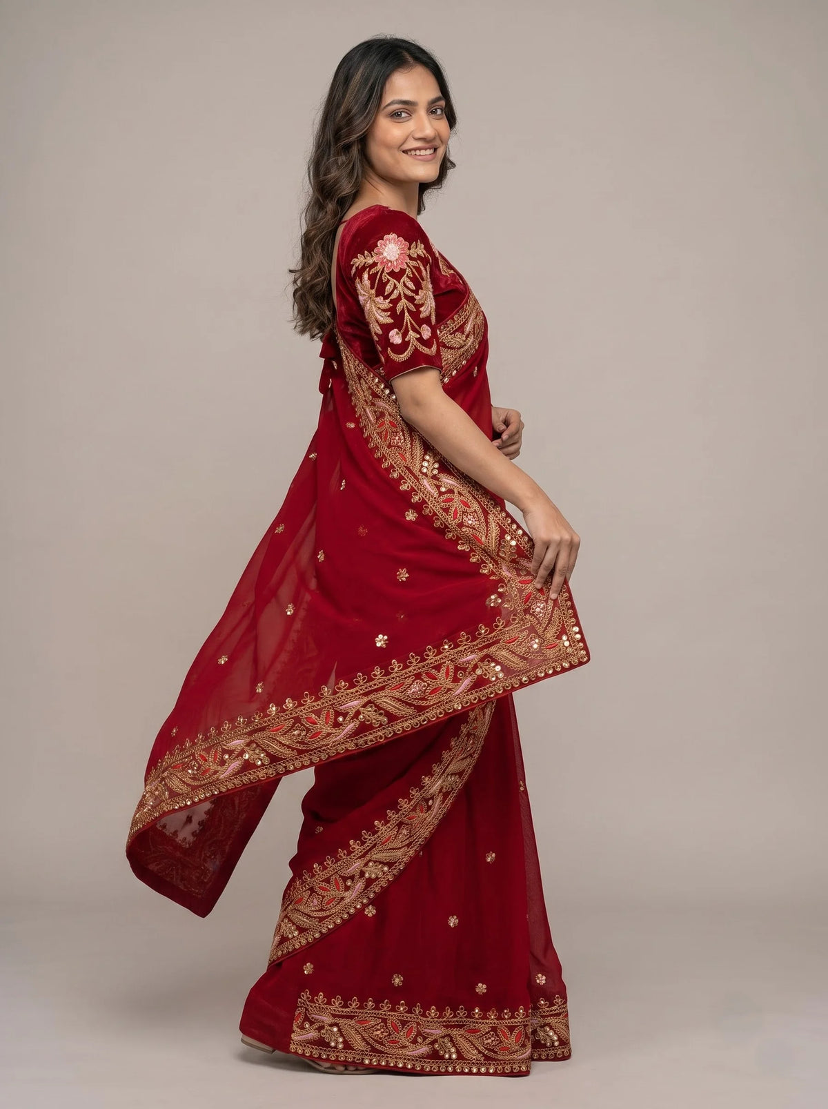 Deep Red Soft Georgette Saree with Heavy Mirror Work Border