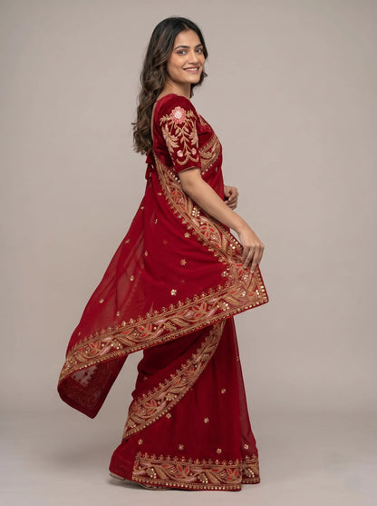 Deep Red Soft Georgette Saree with Heavy Mirror Work Border