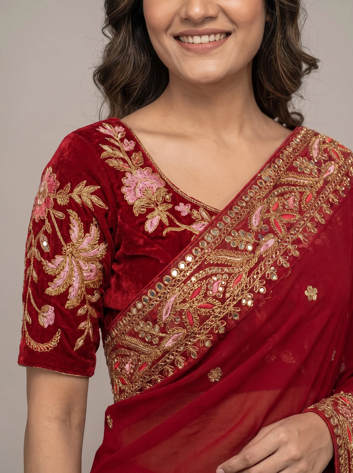 Deep Red Soft Georgette Saree with Heavy Mirror Work Border