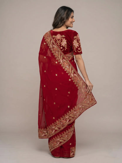 Deep Red Soft Georgette Saree with Heavy Mirror Work Border
