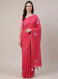 Pink-Red Chanderi Silk Saree with Check Pattern & Floral Thread Embroidery