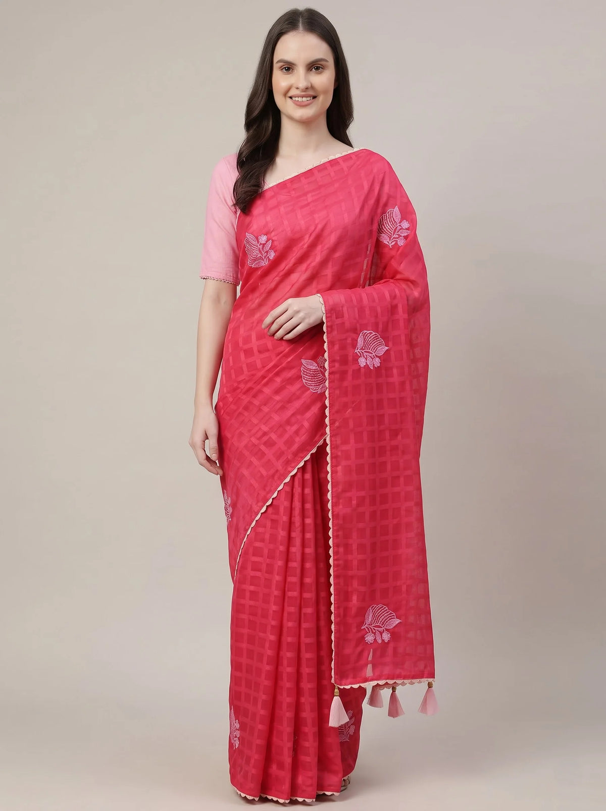Pink-Red Chanderi Silk Saree with Check Pattern & Floral Thread Embroidery