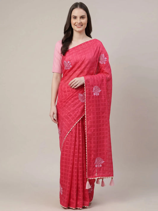 Pink-Red Chanderi Silk Saree with Check Pattern & Floral Thread Embroidery